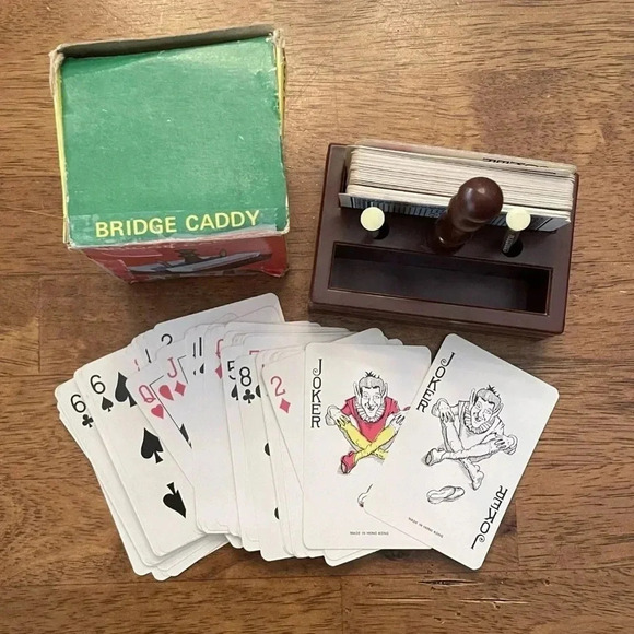 Vintage Bridge Caddy 2 Full Sets Of Cards 2 Unused Pencils Faux Wood Caddy - Picture 6 of 6